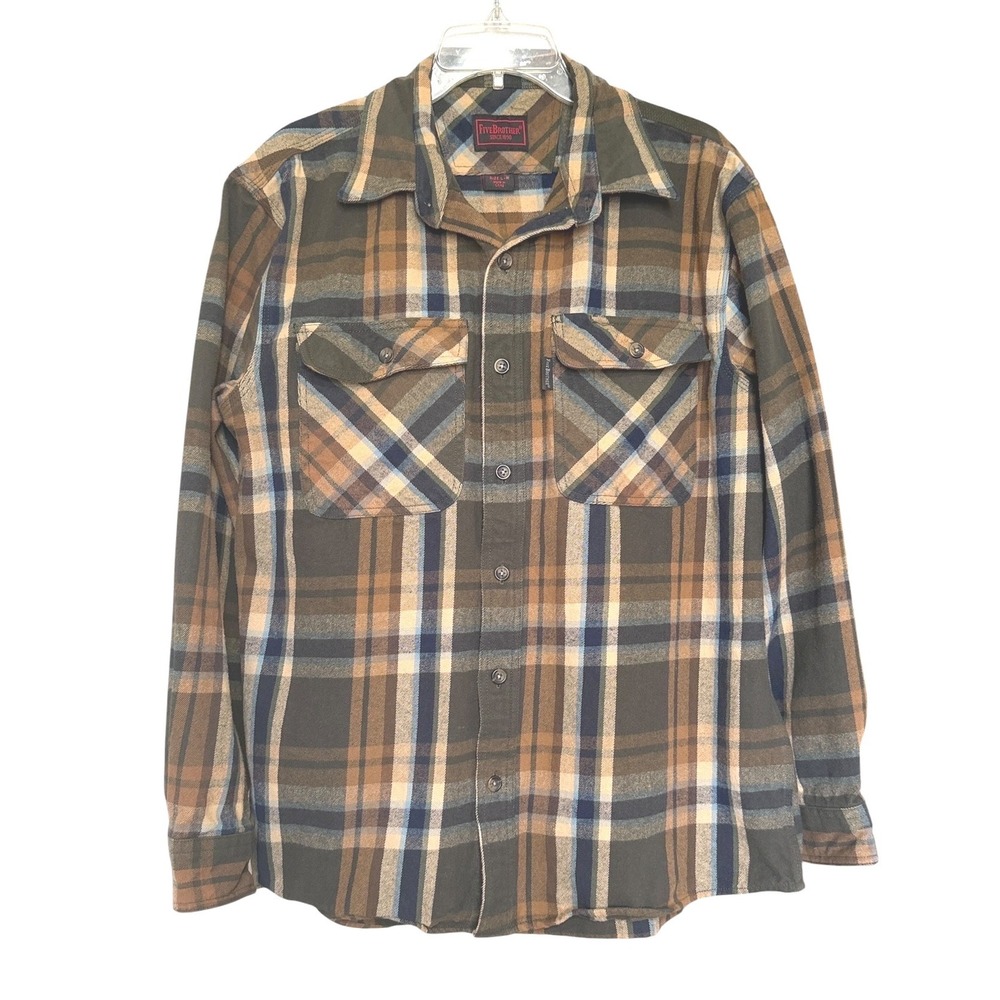 Five Brother Mens Plaid Flannel Shirt Olive Green Navy Cotton Workwear Sz L Reg